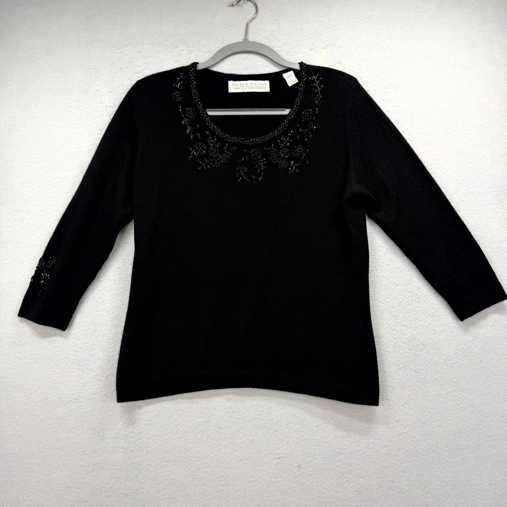 Valerie Stevens Cashmere‎ Sweater Womens Large Black Beaded Floral Neck